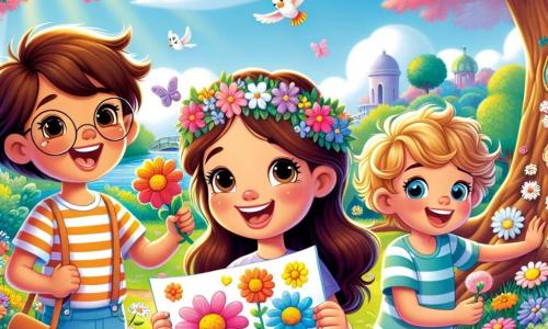 En un parque en plena floración, tres niños están reunidos. Santiago, un niño de siete años con cabello castaño y gafas redondas, sonríe alegremente sosteniendo un dibujo de flores coloridas. A su derecha, Valentina, una niña de siete años con una diadema de flores en la cabeza y cabello largo y rizado, admira una hermosa margarita que acaba de recoger. A la izquierda, Tomás, un niño de siete años con cabello rubio desordenado y una camiseta a rayas, sostiene una piedra brillante que encontró, mostrando una amplia sonrisa. El parque es un lugar mágico, lleno de flores multicolores, árboles verdes y un cielo azul brillante. Los tres amigos están en plena búsqueda del tesoro, buscando objetos de la naturaleza para su concurso de dibujo, riendo y animándose mutuamente mientras disfrutan de la belleza de la primavera que los rodea.