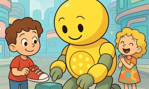 Glim, hoofdpersonage: een zacht, bolvormig geel robotje met een lichtgevend buikpaneel met tien kleine ronde lampjes, vrolijke vriendelijke blik en zachte afgeronde armen, knielt en drukt op een knop om een vastzittende schoen los te maken; jongen: klein, krullend bruin haar, opgeluchte glimlach, houdt een rode schoen vast en kijkt dankbaar naar Glim, links van hem; klein schoonmaakrobotje: laag, rond, pastelblauwgroene metalen kleur, transparante stootrand, knipperend verontschuldigingslampje, schoen zit onder zijn wiel; Noor: meisje met blonde krullen in een kleurrijk jurkje, applaudisseert blij achter Glim rechts; locatie: futuristisch stadsplein met afgeronde kleurrijke gebouwen, gladde stoepen, kleine vlinderdrone's en zachte neonborden, helder hemel; sfeer: warm, geruststellend en veilig, heldere vormen en felle kleuren, centrale compositie gericht op het hulpvaardige moment, kindvriendelijke illustratie.