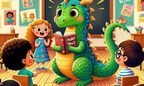 Un giovane drago dalle squame verdi brillanti, con grandi occhi lucenti e un sorriso timido, si trova al centro della scena. Guarda i suoi amici con un'espressione di esitazione, tenendo un grande libro di fiabe tra le zampe. Alla sua destra, una bambina dai capelli ricci e dorati, vestita con un abito colorato, lo incoraggia con un sorriso caloroso, i suoi occhi brillano di entusiasmo. A sinistra, un ragazzo dai capelli castani e occhiali tondi, indossando una maglietta a righe, gli fa un occhiolino amichevole, pronto ad aiutarlo. La scena si svolge in una grande aula luminosa, con pareti decorate da disegni di bambini e una grande lavagna nera sullo sfondo. Affissi alle pareti ci sono poster colorati sull'importanza della verità, e sedie di legno sono disposte in cerchio attorno a loro. Il drago, un po' nervoso, deve prepararsi a salire sul palco per il suo primo spettacolo, mentre i suoi amici lo incoraggiano a essere onesto e a superare la paura di mentire.