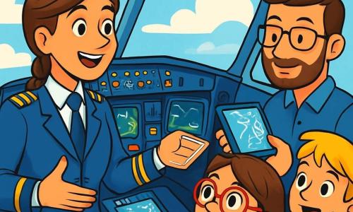 Una pilota donna, Marta, sorridente e sicura di sé, indossa un'uniforme blu con spalline dorate, i capelli castani intrecciati. È in piedi nella cabina di pilotaggio di un Airbus A320, circondata da comandi brillanti e schermi luminosi, guardando con entusiasmo fuori dal finestrino. Accanto a lei, Dario, il suo copilota, un uomo di circa 30 anni con occhiali e un sorriso amichevole, consulta delle carte di volo su un tablet. Sullo sfondo, si vedono dei bambini, tra cui Sofia, una ragazza di 11 anni con occhiali rossi, gli occhi spalancati per meraviglia, e Giulio, un ragazzo di 11 anni con capelli biondi, che alza la mano per fare una domanda. La cabina è piena di luce, con nuvole bianche e un cielo blu brillante visibili attraverso i finestrini. La scena principale mostra Marta che spiega con passione il funzionamento dell'aereo, mentre i bambini ascoltano attentamente, catturati dall'avventura del volo.