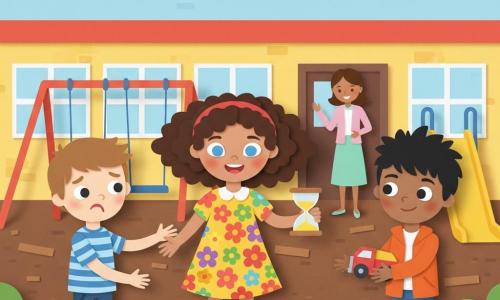 An 8-year-old girl with a brave, smiling expression, bouncing curly brown hair and bright blue eyes in a colorful floral dress holds a small plastic hourglass and offers to share; Max, about 7, on her left with short chestnut hair and a striped T-shirt looks initially upset then relieved, hands reaching toward a toy truck; Jake, about 8, a new student with short black hair and an orange jacket stands on the right holding a red-and-blue toy truck, hesitant but ready to smile; the teacher, an adult woman in a pastel dress with a warm smile, stands by the classroom door watching proudly; the school playground has wood-chip ground, swings and a colorful slide, a yellow school wall with windows, and a clear blue sky with a stylized sun; the scene shows the children resolving a sharing conflict as the girl proposes taking turns with the hourglass, with collaborative, friendly gestures and calm expressions in a bright, high-contrast paper-cut style.