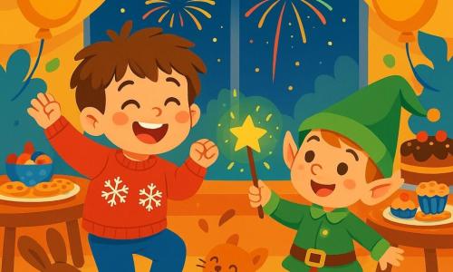 Un ragazzo di 6 anni, con capelli castani disordinati e occhi scintillanti di gioia, balla con entusiasmo in mezzo a una sala festiva illuminata. Indossa un maglione rosso brillante decorato con fiocchi di neve e pantaloni blu. Accanto a lui, un folletto di Capodanno, piccolo e birichino, con un cappello a punta verde e una giacca brillante, sorride agitando una bacchetta magica scintillante. La sala è decorata con ghirlande colorate, palloncini dorati e un grande tavolo pieno di deliziose leccornie. Sullo sfondo, fuochi d'artificio esplodono nel cielo notturno attraverso una grande finestra, illuminando la scena con una luce splendente. Il ragazzo e il folletto celebrano insieme, circondati da animali che ballano gioiosamente, creando un'atmosfera festosa e magica.
