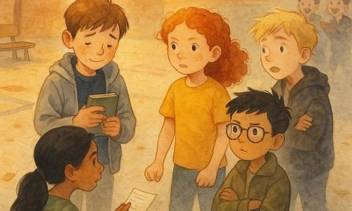 Hay cinco niños: Leo, chico de ~11 años, piel clara, pelo castaño corto, con sudadera azul marino y chaqueta gris claro; está centro-izquierda, ligeramente encorvado, aliviado pero tímido, sujetando una libreta verde contra el pecho. Inés, niña de ~11 años, piel morena, pelo negro largo en coleta, vestido verde con motivos, sentada a la izquierda de Leo, inclinada hacia él, mostrando una pequeña lista. Nora, niña de ~11 años, pelo rizado pelirrojo y pecas, camiseta amarilla, delante de Leo, de pie, puño cerrado pero rostro sereno, mirando a Mauro como para detenerlo. Sami, chico de ~11 años, pelo negro corto, gafas redondas, chaqueta kaki, a la derecha de Nora, brazos cruzados, postura protectora y seria. Mauro, chico de ~11 años, pelo rubio, cazadora negra, expresión sorprendida y apenada, al fondo a la derecha con dos compañeros difuminados, reculando tímidamente. Escena en un patio escolar al atardecer: suelo de hormigón con marcas de juego rojas y azules, banco de madera gastado a la izquierda, muro de ladrillo ocre y hojas caídas; luz dorada que alarga las sombras. Situación: confrontación pacífica: cuatro amigos rodean y apoyan a Leo mientras Mauro se aleja; gestos claros y no violentos (mano tendida, mano en el hombro, mirada firme). Estética: tensión disipada, colores cálidos alrededor del grupo que apoya, tonos más fríos y difuminados en los burlones, estilo acuarela con salpicaduras suaves para acentuar emociones sin dramatizar.