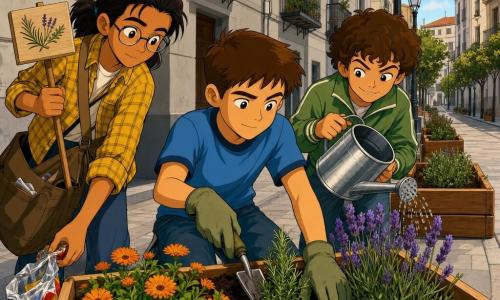 Tres niños: Leo (≈12 años) de pelo corto castaño, expresión seria pero amable, camiseta azul y guantes de jardín, arrodillado en el centro compactando tierra con una pequeña pala; Bruno (≈11 años) de pelo rizado castaño, sonrisa traviesa y chaqueta verde, a la derecha inclinando una regadera de metal sobre una lavanda; Mateo (≈12 años) de pelo largo recogido, gafas y camisa de cuadros amarilla, a la izquierda sosteniendo una pequeña pancarta de madera y recogiendo un envoltorio plástico para meterlo en una bolsa. Calle urbana “calle Olmo”, acera empedrada, fachadas gris claro con balcones, farolas, una fila de maceteros de madera nuevos junto a la acera, suelo con algunos colillas y papeles, cielo de final de mañana y luz cálida. Situación: los tres plantan flores (lavanda, romero y caléndulas) en tierra oscura y húmeda, gestos cooperativos, ambiente optimista y cuidado, estilo ilustración cartoon de los años 90, colores vivos, contornos definidos y texturas marcadas de madera y tierra.