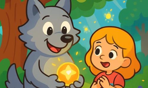 Un lupo mannaro dolce e amichevole, con un pelliccia grigia chiara e occhi brillanti di gentilezza, si trova vicino a un grande albero. Sorride calorosamente, mostrando la sua natura benevola, e tiene una pietra brillante tra le zampe anteriori. Accanto a lui, una bambina di 7 anni, con capelli dorati e occhi curiosi, guarda la pietra con meraviglia. Indossa un vestito colorato e ha un sorriso gioioso sul volto. Il luogo è un boschetto magico, pieno di alberi maestosi, fiori vivaci e raggi di sole che filtrano tra le foglie. Lucciole danzano intorno a loro, aggiungendo un tocco di magia all'atmosfera. La situazione principale mostra il lupo mannaro e la bambina che condividono un momento speciale, scoprendo insieme il potere della pietra magica che fa brillare le stelle nel cielo.