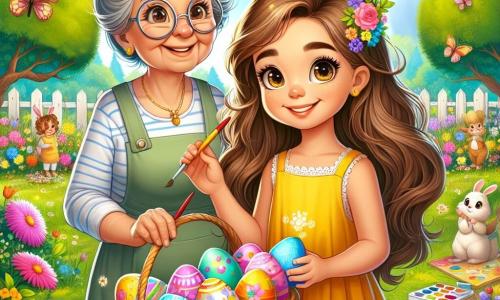Una niña de 6 años, Clara, con largos cabellos castaños y ojos brillantes, lleva un vestido amarillo brillante. Llena de alegría y curiosidad, sostiene una gran cesta llena de huevos de colores que acaba de decorar. A su lado, su abuela, una mujer mayor con cabello gris recogido y gafas redondas, sonríe cálidamente mientras sostiene un pincel y una paleta de pintura, lista para ayudarla. La escena tiene lugar en un jardín primaveral, lleno de flores vibrantes, grandes árboles verdes y un cielo azul claro. Mariposas vuelan alrededor, añadiendo un toque de magia al entorno. Clara y su abuela decoran huevos de Pascua, rodeadas de risas y colores, mientras amigos y familiares se reúnen alrededor, ansiosos por participar en la fiesta.