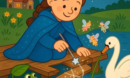 An adult woman, Mara, smiling and calm in a long sparkling blue cloak, holds a small silver wand and adjusts a plank on a rustic wooden bridge over a calm river while only animals and creatures help: a small green frog near her shoe holding a large leaf and looking at the plank, a large white swan offering a smooth reed, and tiny translucent-winged pastel fairies wrapping threads of light around the plank; the moonlit scene shows cooperative repair with visible textures—cracked boards, green moss, silver reflections on the water—and a distant village of small red-roofed houses, rendered in bright colors, soft contrasts, clear outlines and simple shapes suitable for toddlers.