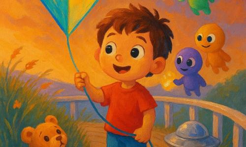 A 6-year-old boy with a round face, tousled brown hair and bright wide eyes, smiling in wonder, firmly holds the string of a large kite sparkling blue, green and yellow; a light brown teddy bear sits on the ground nearby, head tilted kindly as if watching the sky; three small round friendly aliens—green, purple and yellow with big expressive eyes—float near a small silver craft beside the kite, smiling and offering a glittering stone; the scene is on a curved wooden balcony path atop a hill with a worn white railing, swaying wild grasses and flowers and an orange-purple late-afternoon sky; the glowing kite seems to attract a gentle light, creating a warm, magical, peaceful atmosphere.