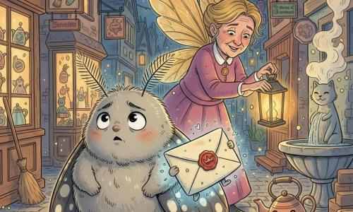 The main character is Milo, a small round fuzzy moth with fine antennae, bright eyes and a nervous, focused expression, holding under one wing a twitching enchanted envelope sealed with red-wax crown and emitting a blue glow; behind him stands Auntie Glimmerwing, a tall lantern-keeper fairy with translucent golden wings and a wrinkled smiling face, handing him the envelope while one hand rests on a blinking warm-glow lantern; they stand in a cobbled Bristlebrook alley lined with tiny shops and hanging lanterns and a steaming cat-shaped fountain, at night bathed in warm amber, indigo and slate tones as Milo, determined but worried, walks away and the enchanted town—full of living objects—twinkles and whispers around them.