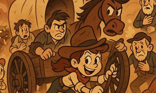 Nora, o tânără cow‑girl curajoasă cu fața rotundă, pistrui și coadă de cal sub o pălărie de cowboy uzată, împinge o căruță cu roata ruptă, picioarele în nisip; Cactus, cal brun musculos cu coamă zbuciumată, stă lângă ea ajutând la stabilizare; Tom, băiat de ~10 ani roscovan în vestă de denim, privește uimit de după o stâncă; un bărbat obosit de ~45 de ani cu fața murdară trage de spatele căruței lângă roată; un bărbat nervos de ~35 de ani cu sprâncene încruntate examinează roata; un bătrân cu barbă albă ~65 de ani, cu ochi blânzi și mâini tremurate, stă în spate recunoscător; locul: Canionul Vulturului Alb, pereți de stâncă roșietici, praf portocaliu și creste ascuțite, o turmă de vite se refugiază la margine; situație: după o furtună de nisip, grupul lucrează împreună să stabilească o căruță încărcată cu saci de făină, praful plutește, lumina filtrată, atmosfera e de efort, curaj și solidaritate, tonuri ocru cu accente roșu și albastru.