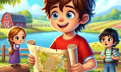 Um garoto de 8 anos, Tiago, com cabelos castanhos bagunçados e olhos brilhantes de curiosidade, está à beira de um lago, segurando um velho mapa enrolado nas mãos. Ele veste uma camiseta vermelha vibrante e um short de jeans, exibindo um grande sorriso de empolgação. Ao seu lado, sua melhor amiga Ana, uma menina de 8 anos com cabelos loiros trançados e óculos redondos, observa o mapa com admiração, seus olhos brilhando de antecipação. Um pouco mais adiante, Pedro, um garoto de 9 anos com cabelos negros e uma camiseta listrada, escala um tronco de árvore, pronto para pular e ver o que Tiago descobriu. O cenário é uma charmosa fazenda, com um céu azul radiante, campos de flores coloridas ao redor do lago e um velho celeiro de madeira ao fundo, cheio de mistério e aventura. A cena principal mostra Tiago e seus amigos descobrindo um antigo mapa à beira do lago, prontos para partir em busca de um tesouro escondido, com os rostos iluminados pela excitação e amizade.
