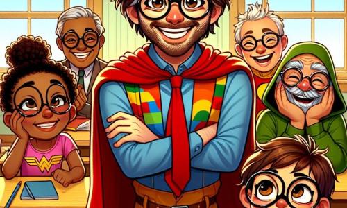 Oliver, een man met rommelig bruin haar, ronde bril en een ondeugende glimlach, staat in het midden van het podium, zijn wenkbrauwen komisch bewegend terwijl hij probeert een groep superhelden aan het lachen te maken. Hij draagt een kleurrijk kostuum met een rode cape die achter hem wappert, en zijn ogen sprankelen van opwinding en zenuwen. Aan zijn rechterkant lacht professor Snorremans, een man van middelbare leeftijd met een grote snor en een excentrieke outfit, luidkeels, met rode wangen van blijdschap. Hij zit op een stoel met gekruiste armen en lijkt van de show te genieten. Aan de linkerkant kijkt een jong meisje van ongeveer 10 jaar met kleurrijk haar naar Oliver met grote ogen, haar gezicht verlicht door een glimlach. Ze draagt een t-shirt met superheldenmotieven en houdt een klein notitieboekje vast waarin ze aantekeningen maakt over Oliver's optredens. De scène speelt zich af in een heldere en kleurrijke klaslokaal, met muren versierd met posters van beroemde superhelden, houten bureaus en ramen die zonlicht binnenlaten. Speelgoed en superhelden gadgets liggen verspreid over de tafels, wat bijdraagt aan een speelse sfeer. Oliver geeft een komische voorstelling om zijn superheldenvrienden aan het lachen te maken, waarbij hij zijn unieke talenten op hilarische wijze gebruikt, terwijl de professor en het meisje hem enthousiast aanmoedigen.