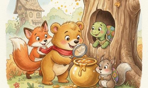 Benny, a small golden-brown bear with bright eyes and a curious smile wearing a red scarf and holding a magnifying glass, leans toward a pot of honey; Tilly, a green turtle with a colorful patterned shell, looks calmly and mischievously into a hollow log at Benny’s height; Finny, a fluffy red fox with a bushy tail, grins excitedly and sniffs sticky tracks behind Benny; a small gray squirrel with ruffled fur and honey-sticky whiskers sits by a large golden jar, surprised and slightly ashamed. They are in a hollow tree with visible rings and rough bark, surrounded by a colorful understory, simple flowers and an old dirt path, with a blurred leaning house with round shutters and climbing vines in the background. The scene shows the warm, soft-lit, pastel-toned discovery of the honey pot after following sticky footprints.