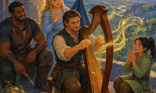 Ealdred, weathered-faced with short dark chestnut hair and a determined gentle gaze, repairs and tunes a large polished wooden harp atop a stone tower on a hill, smiling slightly with hands dusted in golden powder as newly fixed strings vibrate and send up visible golden musical spirals that make trees and stones tremble; behind him Lira, ~22, long braided blonde hair in a light blue dress, holds the open harp case with joyful tears, to his left Brin, ~35, stocky and muscular in a stained blacksmith's apron, watches smiling while tapping a knife on his knee, and to his right Elara, ~17, black ponytail and light green cloak, applauds with a mail satchel at her feet, all overlooking a vast dusk valley of waving grass and wildflowers, a gray ivy-covered tower, bluish distant mountains and a pink-orange sky streaked with light, creating a warm, heroic, magical atmosphere.
