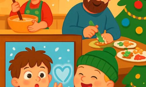 There are 4 main characters: Milo, a 4-year-old boy with messy brown hair and sparkling eyes, wearing a red sweater with a snowman, pressing his nose against the window; Theo, a 4-year-old boy with blonde hair and rosy cheeks, wearing a green hat and a striped sweater, standing next to Milo, laughing and drawing a heart in the fog on the glass; Mama, a smiling woman with brown hair in a bun, wearing a Christmas-patterned apron, mixing cookie dough in a large bowl in the kitchen; and Papa, a warm man with a soft beard and glasses, wearing a blue sweater, decorating cookies with colorful icing at the table. The setting is a cozy and festive home with a large Christmas tree decorated with sparkling garlands and colorful ornaments. Soft lights twinkle, and snowflakes fall outside, creating a magical atmosphere. The kitchen is filled with the scents of cinnamon and hot chocolate, with plates of cookies on the table. The main scene shows Milo and Theo excitedly preparing for a Christmas party with their family, laughing and having fun, surrounded by bright decorations and treats, ready to welcome friends and family for a joyful evening.