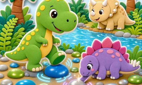 The main character is Toma, a cheerful, curious T. rex with soft green skin speckled with yellow, big shiny round eyes and a shy smile, walking gently with one foot raised on sparkling pebbles; beside him is Sela, a small shy enthusiastic Stegosaurus with pink and purple plates tapping a silver pebble with her tail; a round benevolent cream Triceratops with short horns watches from the riverbank; they are in a field of smooth blue, green and silver stones that glitter like bells, bordered by a clear river, large feathery ferns and rounded-leaf palms; Toma and Sela explore the 