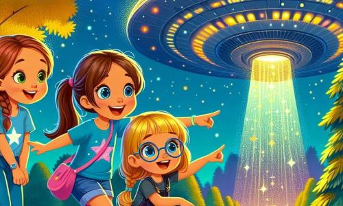In primo piano, tre ragazze si tengono insieme, meravigliate dalla loro scoperta: - **Elisa**, 10 anni, ha lunghi capelli castani e occhi pieni di curiosità. Indossa una maglietta blu con un motivo di stelle e punta il dito verso l'astronave. - **Marta**, 9 anni, ha capelli biondi raccolti e occhiali rotondi. È leggermente in disparte, con le braccia incrociate e un sorriso di eccitazione sul viso. - **Chiara**, 10 anni, ha capelli castani e trecce. È accovacciata, esaminando una parte dell'astronave con un'espressione di meraviglia. Sullo sfondo, l'astronave scintillante, di forma circolare e metallica, è parzialmente nascosta da alberi verdi, con luci colorate che lampeggiano sulla sua superficie. Il cielo è di un blu profondo, punteggiato da leggere nuvole, e il terreno è coperto di foglie dorate, creando un'atmosfera magica. La scena principale mostra le ragazze che scoprono l'astronave extraterrestre, i loro volti illuminati dalla curiosità e dalla meraviglia, mentre si preparano a entrare in questa nave misteriosa, pronte per un'avventura intergalattica.