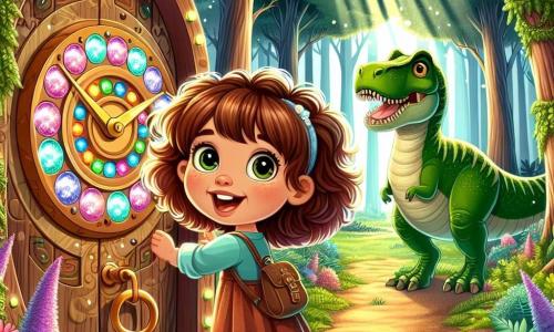 Uma menina de 4 anos, com grandes olhos brilhantes e cabelos cacheados castanhos, está em frente a uma porta mágica de madeira adornada com padrões coloridos. Ela expressa grande curiosidade e admiração, com um sorriso radiante no rosto. Ao lado dela, uma máquina do tempo, com botões multicoloridos e luzes cintilantes, parece vibrar de excitação. Ao fundo, um dinossauro Tyrannosaurus Rex, grande e majestoso, observa a menina com um olhar amigável. Suas escamas verdes e dentes brancos brilham sob o sol. O cenário é uma floresta exuberante, cheia de árvores gigantes e samambaias, com raios de sol filtrando através das folhas. Flores coloridas cobrem o chão, e se ouve o canto dos pássaros. A cena principal mostra a menina pronta para entrar na porta mágica, com um ar determinado e alegre, enquanto o dinossauro a observa com curiosidade, como se a encorajasse a viver uma nova aventura.