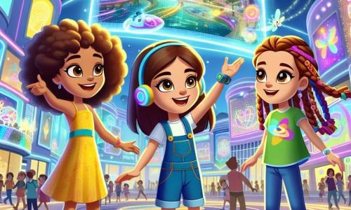Três meninas, Lila, Mia e Nina, com cerca de 10 anos, estão no centro de uma praça movimentada em Lumiville. Lila, com cabelos cacheados e um vestido amarelo vibrante, sorri levantando os braços, cheia de energia. Mia, com cabelos lisos e castanhos, usa um macacão azul e observa uma grande tela holográfica com olhos maravilhados. Nina, com uma trança vermelha, veste uma camiseta verde e aponta para um Hover-Pet colorido que voa ao redor delas, um pequeno animal com asas brilhantes e corpo macio. A cena acontece em uma praça futurista, cercada por edifícios cintilantes em formas geométricas, iluminados por néons multicoloridos. Árvores luminosas e flores dançantes adicionam um toque de magia, enquanto carros voadores deslizam suavemente pelo céu azul. As meninas estão apresentando um jogo educativo em uma grande tela, convidando as crianças da cidade a aprender a proteger o meio ambiente enquanto se divertem. Risos e gritos de alegria ecoam no ar, criando uma atmosfera festiva e dinâmica.