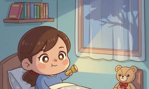 A 4-year-old boy with a round face, rosy cheeks and bright, slightly wide eyes looks shy but brave as he holds a small yellow flashlight that lights his face; his mother, about 30, brown hair tied, sits on the bed edge smiling reassuringly with her hand on the blanket; a small beige teddy with a red ribbon sits on a chair nearby; the small cozy bedroom has pastel blue walls, a bookshelf, a star-patterned blanket and a sheer curtain through which tree branches cast a shadow; the boy lies in bed pointing the flashlight at the window, the warm light revealing that the frightening shadow is just the tree, creating a gentle nighttime atmosphere with friendly contrasts of light and shadow.