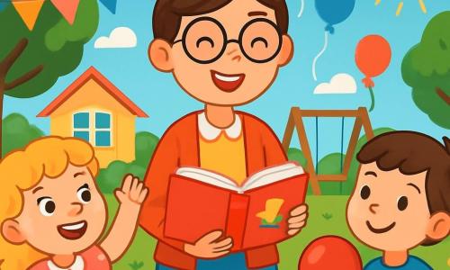 Eine lächelnde Lehrerin mit braunen Haaren im Dutt und runden Brillen steht im Zentrum des Schulgartens, umgeben von bunten Dekorationen. Sie hat ein strahlendes Gesicht voller Freude und Enthusiasmus und hält ein offenes Buch in ihren Händen. Rechts von ihr hebt ein 7-jähriges Mädchen mit lockigen blonden Haaren und einem rosa gepunkteten Kleid aufgeregt die Hand, bereit, ihre Geschichte zu teilen. Links von ihr lächelt ein 6-jähriger Junge mit braunen Haaren in einem blauen T-Shirt und hält einen roten Ballon, bewundernd zu seiner Kameradin schauend. Der Ort ist ein sonniger Schulgarten, gefüllt mit bunten Blumen, Holzspielen und aus Papier gebastelten Girlanden, die an den Bäumen hängen. Kinderlachen hallt in der Luft und schafft eine festliche, fröhliche Atmosphäre. Die Hauptsituation zeigt die Lehrerin und ihre Schüler, die im Kreis versammelt sind, um ihre Geschichten und Erinnerungen an ein Schuljahr voller Lernen und Lachen zu teilen, was einen Moment des Glücks und der Kameradschaft illustriert.