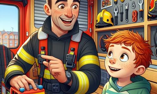 Mężczyzna, strażak Marek, stoi w jasnoczerwonym wozie strażackim, z szerokim uśmiechem i błyszczącymi oczami pełnymi entuzjazmu. Ma na sobie żółto-czarny mundur strażacki i błyszczący hełm na głowie. Obok niego stoi ośmioletni chłopiec, Bartek, z kasztanowymi włosami i piegami na nosie, z zachwytem wpatrując się, trzymając w rękach małą zabawkę wozu strażackiego. Scena dzieje się wewnątrz przyczepy strażackiej, gdzie ściany ozdobione są zdjęciami bohaterskich akcji ratunkowych. Narzędzia ratunkowe błyszczą w świetle, a wyposażenie jest starannie uporządkowane. Marek z pasją tłumaczy dzieciom, jak działa sprzęt ratunkowy, podczas gdy Bartek słucha go uważnie, z fascynacją na twarzy. Inne dzieci, siedzące na drewnianych ławkach, z ciekawością obserwują, nie mogąc się doczekać, aby dowiedzieć się więcej o pracy strażaków.