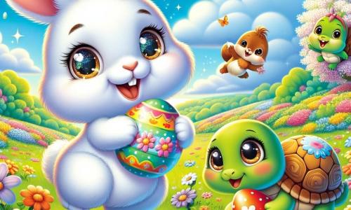 Pepito, un pequeño conejo blanco con ojos brillantes y pelaje suave como la nieve, salta alegremente en un campo floreado, con una gran sonrisa en su rostro. Sostiene un huevo de Pascua colorido entre sus patas delanteras, mirando a su alrededor con emoción. Cerca de allí, Tina, una tortuga verde con un caparazón decorado de flores, sonríe al descubrir un huevo escondido bajo un arbusto. Ella parece curiosa y feliz, levantando la cabeza para admirar el cielo azul. Sofía, una pequeña ardilla marrón con una cola esponjosa, está posada en una rama de árbol, sosteniendo un huevo rojo entre sus patas. Se ve traviesa y entusiasta, lista para saltar y unirse a sus amigos. El escenario es un hermoso campo de flores multicolores, con árboles en flor y un cielo soleado salpicado de nubes blancas. A lo lejos, un arcoíris brilla, añadiendo un toque mágico a la escena. La situación principal muestra a Pepito y sus amigos en plena búsqueda de huevos de Pascua, riendo y divirtiéndose juntos, rodeados de colores vivos y un ambiente alegre.