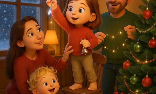 A 6-year-old girl with a round face, rosy cheeks, shoulder-length shiny brown hair and a gentle smile climbs a chair to place an icicle-shaped garland atop a tall, full dark-green Christmas tree while holding a small silver bell; a smiling kneeling mother (about 34), long brown hair and a red sweater, supports her at the waist; a standing father (about 36) with light beard and a green sweater holds the garland’s cord and watches proudly; a curly blond 3-year-old boy in reindeer pajamas sits on the cream rug clapping joyfully; the warm, bright living room has a cozy sofa, frosted windows with falling snow outside and colorful presents stacked by the tree; the tree is decorated with red and gold baubles and twinkling multicolored lights, the icicle garland at the top emits a soft glow and the bell gleams; composition centers on the girl with a slight low-angle perspective, warm interior lighting contrasts with the cool glow of the garlands, sharp textures and realistic details in a soft, rounded 3D animated children's style.