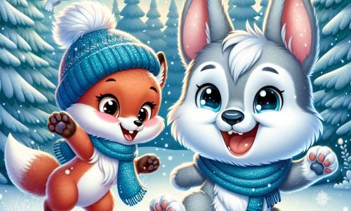 Al centro dell'immagine, un piccolo lupo di nome Lupoletto, con un pelo grigio e occhi brillanti di curiosità, salta gioiosamente nella neve scintillante, con un grande sorriso sul viso. Indossa un berretto di lana blu che contrasta con il suo pelo, e le sue zampe sono coperte di neve. A destra, un adorabile coniglietto bianco di nome Biancino, con grandi orecchie e guance rosa, ride lanciando una palla di neve verso Lupoletto. A sinistra, una furba volpe di nome Furbetta, con un pelo rosso acceso e una coda folta, si prepara a raccogliere neve per fare una palla. Il paesaggio è una foresta incantata, con alberi maestosi coperti da uno spesso strato di neve bianca e fiocchi che cadono dolcemente dal cielo azzurro. La scena principale mostra Lupoletto e i suoi amici in una battaglia di palle di neve, ridendo e divertendosi insieme in questo mondo incantato invernale.