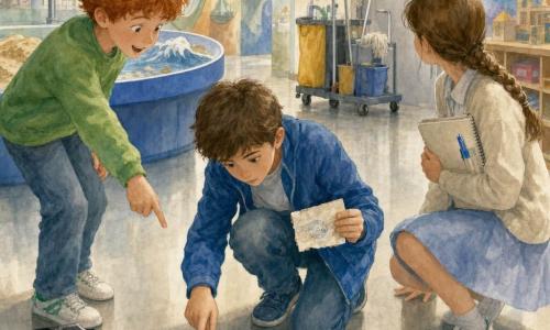 Tre bambini investigatori in un museo per bambini: un ragazzo di circa 11 anni, capelli castani corti, giacca blu e jeans, accovacciato al centro con uno sguardo concentrato mentre tiene un piccolo biglietto piegato nella mano destra e indica un indizio a terra; un ragazzo di circa 10 anni, capelli rossi spettinati, felpa verde, entusiasta a sinistra che indica una piccola traccia nera di robot sul pavimento; una ragazza di circa 12 anni, capelli castani in treccia, taccuino in mano e pennarello blu in tasca, in uniforme chiara a destra che guarda un carrello delle pulizie parcheggiato vicino a una porta “Personale”; interno di museo con luce soffusa, pavimenti piastrellati lucidi, pannelli colorati, tavolo interattivo con sabbia e onde sullo sfondo a sinistra e libreria bassa con scatole a destra; i tre ritrovano un biglietto stropicciato infilato sotto uno scaffale — scena di scoperta con emozione e riflessione, timbro blu parzialmente impresso, briciole di carta sulla traccia del robot e una piccola macchia di colla trasparente sul bordo del biglietto; stile acquerello morbido, colori pastello vivaci, pennellate testurizzate, ombre leggere, atmosfera calda e giocosa.
