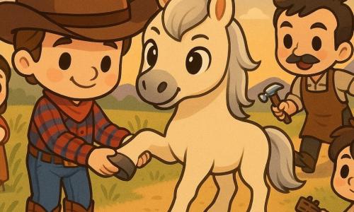Um cowboy sorridente e calmo, chibi, pele clara, grande chapéu castanho, camisa xadrez vermelha e azul e botas de couro segura delicadamente o casco do cavalo Luar, de pelagem creme e crina prateada, que levanta uma pata confiante; à direita chega correndo um ferreiro adulto (~40 anos) de bigode fino e avental de couro marrom com uma caixa de ferramentas e martelo, à esquerda recuada está uma jovem (~28 anos) da família sorrindo e segurando um bebê enrolado em rosa oferecendo um pano, e um rapaz (~20 anos) de cabelo desgrenhado sentado numa pedra com um pequeno violão castanho estende uma corda para ajudar; cenário: caminho de terra amarelo claro, ervas altas estilizadas, colinas suaves, céu azul amplo com sol baixo alaranjado e montanhas distantes ao crepúsculo, cores quentes e atmosfera de cooperação; estilo gráfico chibi kawaii, formas arredondadas, traços grossos e cores vivas.