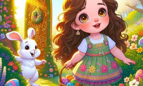 Una bambina di 4 anni, di nome Lara, con lunghi capelli castani e occhi pieni di curiosità, si trova in mezzo a un giardino soleggiato. Indossa un bel vestito colorato con motivi floreali e tiene un cestino di vimini pieno di uova di Pasqua multicolori. Il suo viso irradia gioia e meraviglia mentre scopre un sentiero segreto. Accanto a lei, un adorabile coniglietto bianco di nome Bubi, con un piccolo cappello colorato, sorride maliziosamente. È leggermente più piccolo di lei e si regge sulle zampe posteriori, pronto a mostrarle la sua tana magica. Il giardino è pieno di fiori brillanti, cespugli verdi e un grande albero con una porta dorata alla base, che sembra misteriosa e accogliente. I raggi di sole filtrano tra le foglie, creando un'atmosfera incantata. Lara, meravigliata, si prepara a seguire Bubi attraverso la porta dorata, scoprendo un mondo magico pieno di sorprese pasquali.