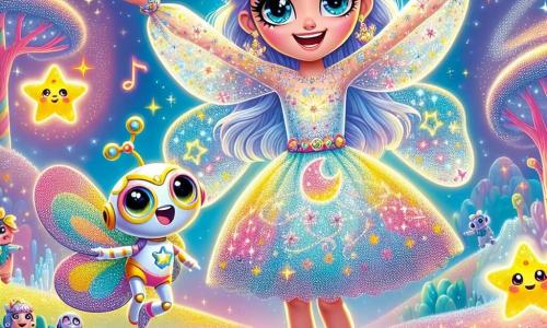 Lila, una joven con cabello azul cielo y ojos brillantes, se encuentra en el centro del escenario, con una radiante sonrisa en el rostro y los brazos levantados hacia el cielo, rodeada de un aura de magia centelleante. Lleva un vestido ligero de colores vivos, adornado con motivos de estrellas y planetas, y parece llena de energía y determinación. A su lado, Zappy, un pequeño robot con alas de mariposa, flota alegremente, sus ojos luminosos destilan emoción. Está gesticulando con sus pequeñas manos metálicas, como si guiara a Lila en su magia. El escenario es un paisaje de ensueño de Estrellavia, con árboles de troncos coloridos que parecen bailar, flores cantantes que emiten notas alegres y un cielo estrellado de tonos violetas y dorados. Cristales luminosos flotan a su alrededor, iluminando la escena con una suave luz. La situación principal muestra a Lila y Zappy unidos con otras criaturas mágicas, cantando juntos para crear una poderosa magia que repela al Cazador de Sombras, una sombra amenazante que planea sobre ellos, buscando robar su luz.