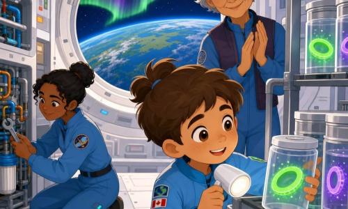 Main character: Milo, a round-faced boy with a gentle smile and awed expression, brown hair tied back, wearing a light-blue suit with small flags on the sleeve; he holds a small white lamp and examines clear jars on a metal shelf. Secondary: Amina, a young woman with olive skin and black hair in a bun, calm and smiling, kneels left of Milo repairing a filter with a wrench near a pipe panel. Secondary: an elderly female scientist with short silver hair and a kind lined face stands behind Milo with arms crossed, gently applauding. Setting: bright orbital module interior with smooth white walls and gray panels, a large round window showing blue-green Earth and green-purple aurora ribbons, and labeled glass jars on shelves. Scene: Milo studies jars containing small glowing ring-shaped forms, green and purple; warm, calm atmosphere, soft light, clear composition, vivid contrasting colors, simple shapes and clean outlines for a child-friendly, readable look.