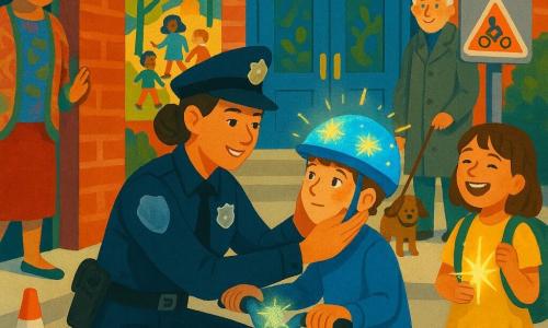A warm, confident policewoman named Nina with slightly tanned skin and brown hair in a bun, in a neat navy uniform and shining badge, kneels smiling to adjust a boy’s blue helmet before a red-brick elementary school with a large blue door and a colorful mural; to the left Mrs. Patel, a cheerful shopkeeper in her forties wearing bright clothes, stands by a shop door, while an elderly man in a gray coat holds a small brown dog behind the children; the curious eight-year-old boy stands by his red bike with blinking-star helmet, a seven-year-old girl in a yellow dress and green backpack laughs from the right holding a bike light that blinks like a star, orange cones and safety posters line the sidewalk, the scene bright, colorful and reassuring as a safety check before Bike-Walk Week.
