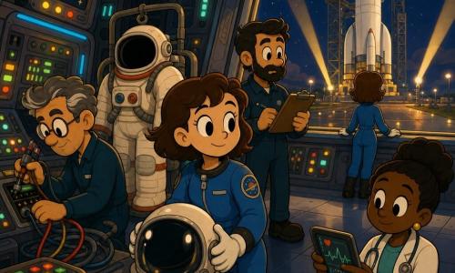 Uma jovem astronauta, Lia, rostro sereno e sorridente, olhos atentos, cabelo castanho curto, veste uma roupa azul sob um grande traje espacial branco pousado ao lado e segura o capacete brilhante sobre a mesa; à esquerda um técnico de ~35 anos, concentrado, óculos redondos e cabelo grisalho, verifica cabos perto de um pupitre; à direita uma médica de ~40 anos, sorriso suave e cabelo apanhado em coque, mede a pressão num tablet junto a uma mala médica vermelha; atrás de Lia um engenheiro de ~30 anos, barba curta e olhar sério, segura uma checklist perto de um painel de comando; cenário: centro espacial interior com paredes metálicas cinza, néons frios azuis e painéis coloridos; ao fundo, através de uma ampla janela de hangar, ergue-se um grande foguetão branco iluminado por holofotes amarelos; cena principal: Lia junto à janela, mãos no parapeito olhando o foguetão do lado de fora, atmosfera calma de preparação pré-embarque, com ferramentas e ecrãs luminosos ao redor.