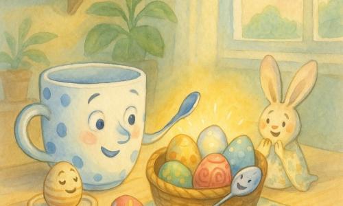 Duży biały porcelanowy kubek w niebieskie kropki (postać główna) z zachwyconym, ciepłym wyrazem twarzy stoi na brzegu jasnego drewnianego stołu i lekko wyciąga ucho ku jasnemu koszykowi; srebrna łyżeczka (postać drugoplanowa) uśmiecha się figlarnie i świeci, oparta na brzegu koszyka, a mała beżowa miseczka w paski (postać drugoplanowa) trzyma dwa malowane jajka z dumą i czułością po lewej stronie kubka; złożony materiałowy ręcznik uformowany jak króliczek klaśnie radośnie obok koszyka; w środkowym wiklinowym koszu pięć kolorowych jaj: złote wzory, miętowe kropki, czerwone spirale, niebieskie plamy i perłowe przezroczyste jajko; scena w przytulnej porannej kuchni przy szerokim oknie z pastelowym niebem i chmurami w kształcie jaj, drewniana podłoga, półka z przyprawami i duża doniczkowa roślina w tle; nastrojowa, wiosenna, jasna paleta akwareli (blady żółty, mięta, pudrowy róż, błękit), miękkie tekstury i lekko rozmyte krawędzie, kompozycja skupiona na koszyku i spojrzeniach przedmiotów kierujących się ku jajkom.