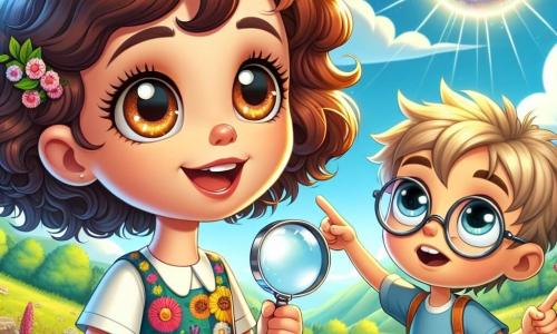 O fetiță de 8 ani, Sofia, stă în centrul imaginii, având ochi mari strălucitori de curiozitate și un zâmbet larg pe față. Are părul castaniu, buclat, poartă o rochie colorată cu flori și sandale. Sofia ține o lupă într-o mână și un carnet de notițe în cealaltă, privind cu uimire o sferă luminoasă care flotă în cer. Lângă ea se află prietenul ei Alex, un băiat de 8 ani cu părul blond zburlit și ochelari rotunzi. El arată cu degetul spre sferă, cu ochii mari de surpriză, îmbrăcat într-un tricou albastru și o pereche de pantaloni scurți roșii. În fundal, se vede o pădure verde cu copaci măreți și flori strălucitoare, iar cerul albastru deschis este presărat cu nori albi pufoși. Scena emană o atmosferă magică și fermecătoare. Sofia și Alex, uimiți, observă sfera luminoasă care pare să-i invite la aventură, înconjurați de frumusețea naturii și de emoția unei întâlniri extraterestre.