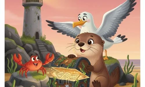 Oliver, a small chubby otter with soft brown fur and a cream belly, bright round eyes and silky whiskers, crouched and smiling as he opens a small chest covered in seaweed and shells; Luna, a tall white-and-gray seagull with a mischievous look and slightly spread wings, perched on a rock behind him watching curiously; Crumble, a vivid red crab with open claws and a playful expression, perched on a low rock to the left pointing the way with a claw; an old gray stone lighthouse with peeling paint and a warm yellow lantern blinking softly stands on a mossy rocky cliff in the background; the beach shows golden sand, sparkling tide pools, green seaweed, small orange starfish and a pink-orange twilight sky; main scene centered on the open chest revealing rolled parchments and ancient drawings with soft warm light falling on them, joyful magical adventure mood, saturated contrasting colors, clean vector style, simple shapes and readable silhouettes for immediate child-friendly recognition.