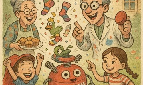 A smiling, enthusiastic inventor with light gray messy hair, crooked oversized round glasses and a paint‑stained smock holds a large red round remote in his right hand and points at the EverClean Box with his left; to his left Mrs. Plum, about 60, hair in a bun, floral dress and apron, laughs holding a plate of muffins; in the foreground right Eddie, 8, short brown hair and a superhero t‑shirt, jumps with a folded cape on his head; Sophie, 7, braided hair and a striped dress, grins and points at a pile of colorful socks by the box; the rubber chicken 