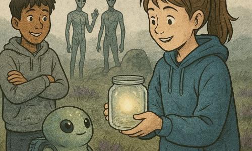 A smiling, brave 12-year-old girl named Mira with brown hair in a ponytail and an oversized blue hoodie delicately holds a floating glass jar encircled by a pale ring of light, looking at it with amazed curiosity; to her left is Wes, about 12, round-faced with messy brown hair and a gray hoodie, arms crossed but smiling nervously as he watches. A small starfish-like alien named Ploof, shimmering green-silver with a tech backpack, floats shyly near the jar; three taller aliens (Vela, Glint, Rook) stand in the background in slim, map-patterned glowing suits, calm and welcoming around a large lichen-covered rock used as an anchor. The scene is a misty moor with wet grass, purple heather and silver fog—a quiet moment after a "gravity point" anchored, the light calming, characters in a protective circle conveying discovery and camaraderie, cool grays, blues and silvers punctuated by warm greens, violets and golden light in the jar. Graphic style: clean lines, newsprint-like textures, slightly desaturated palette with bright accents, composition centered on Mira and the jar.