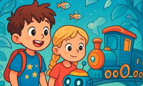 A 6-year-old boy, Tommy, with messy brown hair and sparkling curious eyes, stands at the edge of a floating platform, a look of wonder on his face. He wears a blue t-shirt with stars and a small red backpack. Next to him, Mia, a 7-year-old girl with braided blonde hair, gazes in fascination at a little robot named TICK, who has a funny hat and glowing eyes. They are in a futuristic garden suspended in the air, filled with silver-leaved plants that softly chime, and small metal fish swimming in the air. The scene shows Tommy and Mia ready to explore a magical world, surrounded by bright colors and sparkling lights, as they discover a playful train waiting for a time travel adventure.
