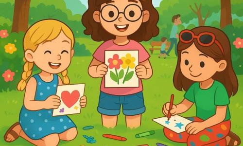 Hay 4 niños: - Clara: una niña de 9 años, con cabello castaño ondulado y gafas redondas. Lleva una camiseta rosa y un pantalón corto de mezclilla. Está de pie en el centro, sosteniendo una tarjeta decorada con flores de papel. - Lucía: una niña de 8 años, con cabello rubio trenzado y una sonrisa radiante. Lleva un vestido de lunares azules y sandalias. Está a la izquierda de Clara, pegando adhesivos en su tarjeta. - Ana: una niña de 9 años, con cabello castaño y gafas de sol en la cabeza. Lleva una camiseta verde y un pantalón colorido. Está a la derecha de Clara, dibujando estrellas en su tarjeta con lápices de colores. - Sofía: una niña de 8 años, con cabello negro y trenzas. Lleva una camiseta amarilla y una falda de mezclilla. Está sentada en el suelo, escribiendo un mensaje en su tarjeta con un bolígrafo brillante. El lugar es un parque soleado, lleno de flores coloridas y árboles verdes. Los rayos de sol filtran a través de las hojas, creando sombras danzantes en la hierba. Al fondo, se puede ver un banco de madera y familias paseando, añadiendo una atmósfera alegre a la escena. La situación principal muestra a las cuatro amigas creando tarjetas para el Día de la Madre, rodeadas de material de arte: papeles de colores, tijeras y lápices. Se ríen e intercambian ideas, cada una concentrada en su creación, con destellos de creatividad y amistad en el aire.