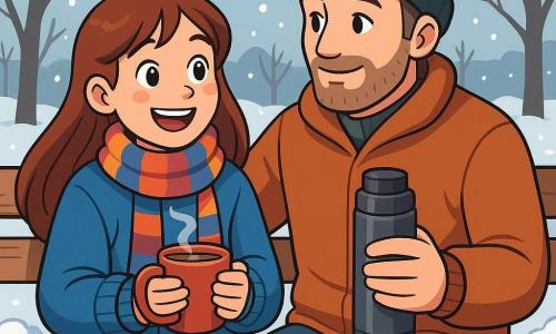 Una niña de 12 años, Clara, con largos cabellos castaños y mejillas sonrojadas, sonríe alegremente mientras sostiene una taza de chocolate caliente en sus manos. Lleva un grueso suéter de lana azul y una bufanda a rayas de colores, sus ojos brillan de emoción. A su lado, su padre, un hombre de unos cuarenta años, con una ligera barba y un gorro de lana, la mira con ternura, sosteniendo un termo de café. Están en un parque invernal, donde la nieve fresca cubre el suelo, los árboles están despojados y copos de nieve caen suavemente del cielo gris claro. Clara y su padre están sentados en un banco de madera, rodeados de pequeños montones de nieve y huellas, listos para disfrutar de un hermoso día de invierno juntos.