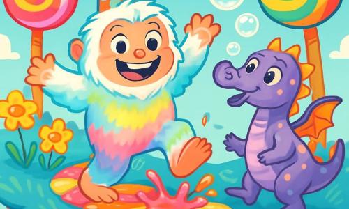 A cheerful Yeti with soft, colorful fur that shines like a rainbow dances on a candy path, his big round eyes sparkling with happiness. He wears a polka dot hat and a big smile that lights up his face. Next to him, a friendly dragon with purple scales and yellow spots blows shiny bubbles, his eyes twinkling with mischief. The setting is a floating island in the sky, with lollipop-shaped trees, blue grass tickling their feet, and flowers laughing as they sway in the wind. The scene shows the Yeti and the dragon sliding and jumping in colorful jelly puddles that splash around them, creating a joyful and playful party atmosphere.