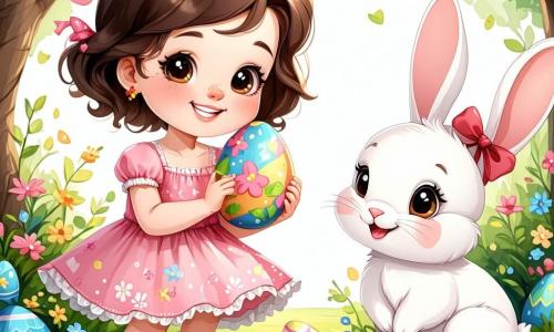 Una niña de 2 años, con grandes ojos brillantes y cabello rizado castaño, sonríe alegremente mientras sostiene un huevo de Pascua colorido en sus pequeñas manos. Lleva un vestido rosa con flores y sandalias blancas, y está agachada en un jardín verde. Junto a ella, un adorable conejito blanco, con grandes orejas y un moño rojo alrededor del cuello, salta alegremente. El jardín está lleno de flores coloridas y árboles verdes, con huevos de Pascua escondidos detrás de los arbustos y bajo las flores. El sol brilla en un cielo azul claro, creando un ambiente alegre y festivo. La escena principal muestra a la niña y al conejito buscando huevos de Pascua, con expresiones de felicidad y emoción en sus rostros, rodeados de la magia de este día especial.