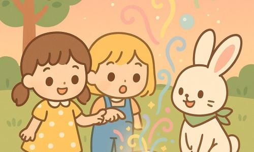 Há três personagens: Sofia, 7 anos, cabelos castanhos em couetes, vestido amarelo com bolinhas brancas, sorrindo e segurando uma pequena caixa brilhante; Clara, 7 anos, cabelo loiro curto, jardineira azul, olhando a caixa com espanto e apontando um botão verde com o dedo indicador; um coelho falante (masculino), de pelagem branca e orelhas rosadas, com uma pequena echarpe verde, sorrindo. Lugar: jardim familiar ao crepúsculo, grama macia, árvore alta de folhas arredondadas ao fundo, caixa de areia, pequenas flores coloridas e céu em degradê rosa‑laranja. Situação: as duas meninas inclinadas sobre uma caixa metálica brilhante aberta na areia, com um botão verde luminoso; volutas coloridas e bolhas translúcidas sobem em turbilhão ao redor delas e do coelho, sugerindo uma magia suave de viagem no tempo. Estilo: cores pastéis vivas, contornos finos, expressões muito legíveis, atmosfera alegre e segura.
