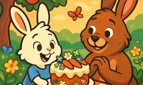 A young rabbit named Oliver, with bright white fur and sparkling eyes, is presenting a beautiful carrot cake decorated with wildflowers on a red and white checkered tablecloth. He smiles proudly, his large ears perked up, while standing in front of his dad, a brown-furred character with gentle eyes, who looks at the cake in wonder with a warm smile. Their garden is enchanting, filled with colorful flowers, fruit trees, and the soft golden light of the setting sun. In the background, an old apple tree provides shade, and butterflies flutter around them. The scene exudes a joyful and festive atmosphere, full of love and connection, as Oliver and his dad prepare to celebrate Father's Day together.