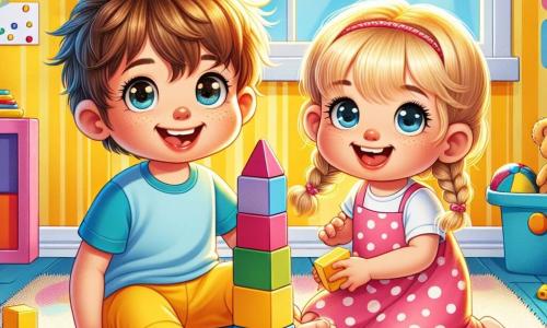 A 2-year-old boy with messy brown hair and sparkling eyes is sitting on the floor, smiling widely. He is wearing a bright blue t-shirt and yellow pants. Next to him is a 2-year-old girl with braided blonde hair and shining eyes, also smiling. She is wearing a pink dress with white polka dots and holding a building block in her small hands. They are in a bright and colorful room with yellow walls and toys scattered around. A soft, fluffy rug is under them, and sunlight is streaming in through a window, illuminating the scene. The two children are building a tower with colorful blocks, laughing together as the blocks fall messily. The atmosphere is joyful and friendly, filled with laughter and camaraderie.