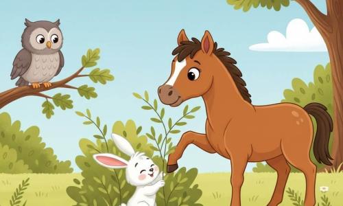 A small shiny brown pony with round expressive eyes and a gentle, brave demeanour nudging branches with its nose; a small white bunny with big pink ears and fluffy fur, looking relieved as it pushes out from low branches just in front of the pony; an old grey owl perched on a low oak branch to the left, calmly observing; a green meadow with tall grass, colorful flowers, a light-green leafy bush in the center, a large oak to the right and a pale blue sky with fluffy clouds — a simple, bright scene of the pony tenderly helping the bunny free itself.